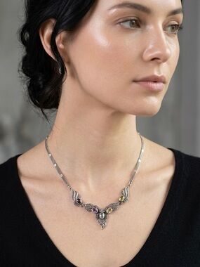 Vintage 925 Sterling Silver Multicolor Gemstone and Marcasite Necklace, 15.5”